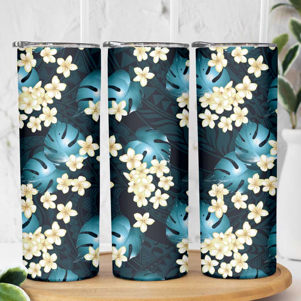 Dark Cyan Tropical Hawaii Skinny Tumbler Seamless Monstera Plumeria Hawaiian Pattern LT14 - Polynesian Pride