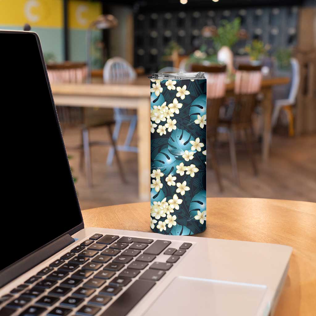 Dark Cyan Tropical Hawaii Skinny Tumbler Seamless Monstera Plumeria Hawaiian Pattern LT14 - Polynesian Pride