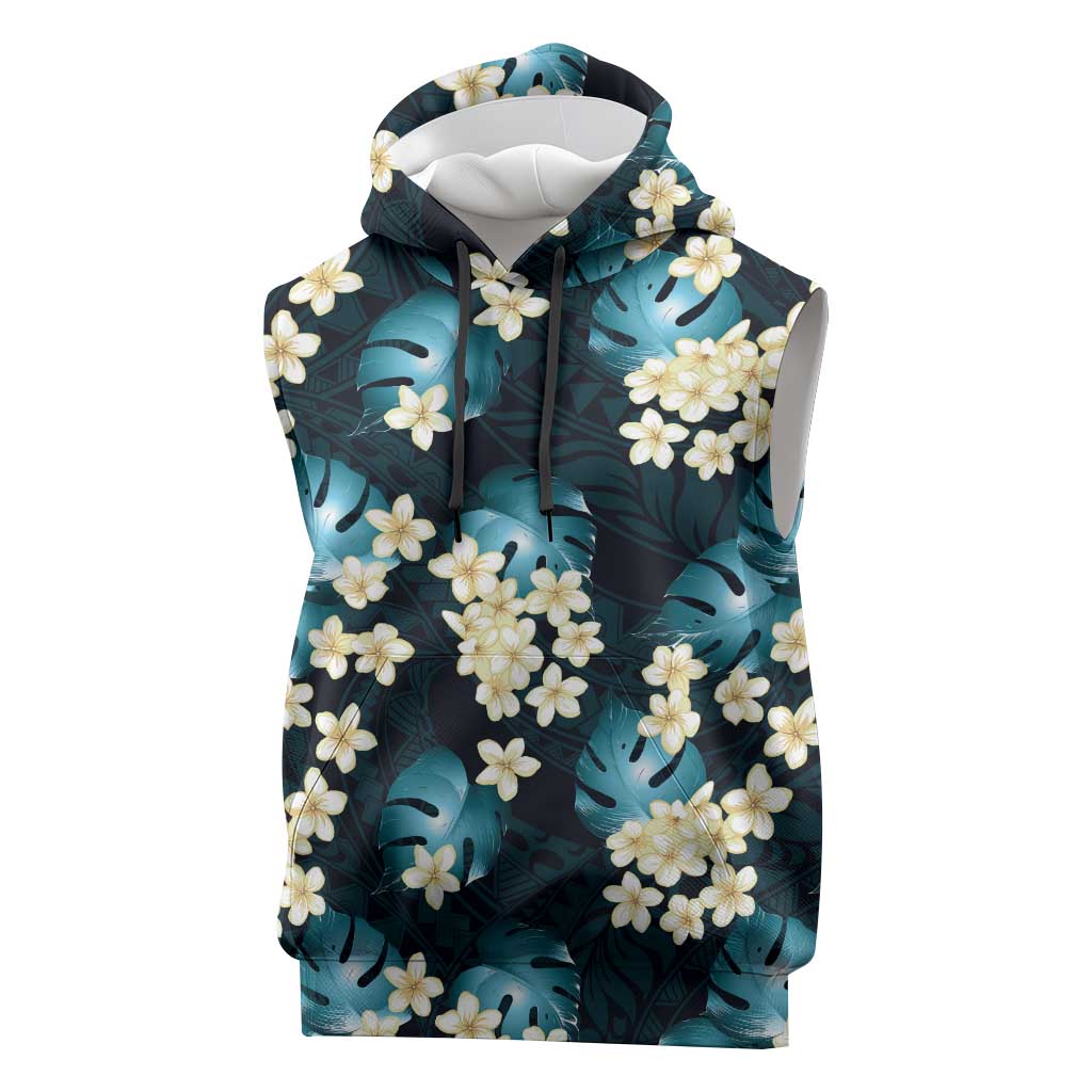 Dark Cyan Tropical Hawaii Sleeveless Hoodie Seamless Monstera Plumeria Hawaiian Pattern LT14 Dark Cyan - Polynesian Pride
