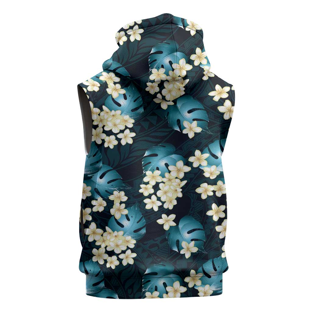 Dark Cyan Tropical Hawaii Sleeveless Zip Hoodie Seamless Monstera Plumeria Hawaiian Pattern - Polynesian Pride
