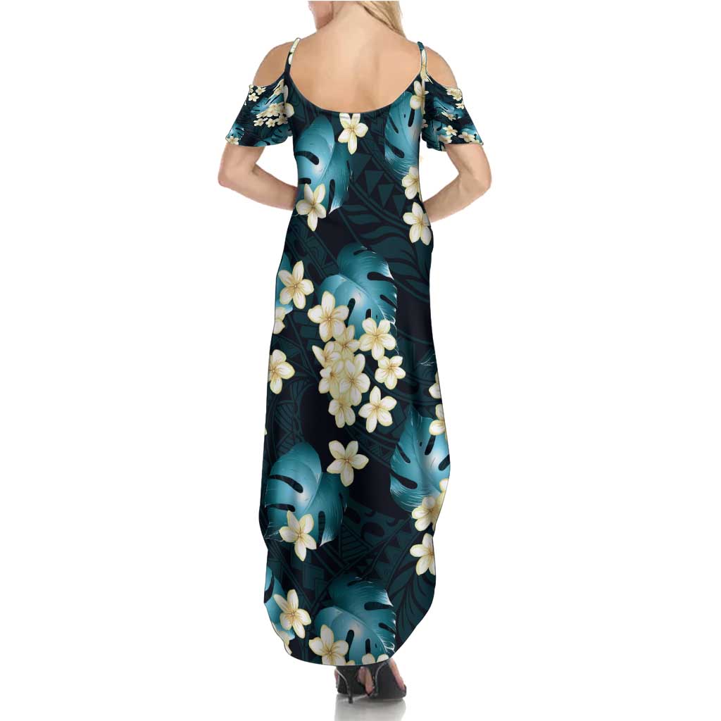 Dark Cyan Tropical Hawaii Summer Maxi Dress Seamless Monstera Plumeria Hawaiian Pattern - Polynesian Pride