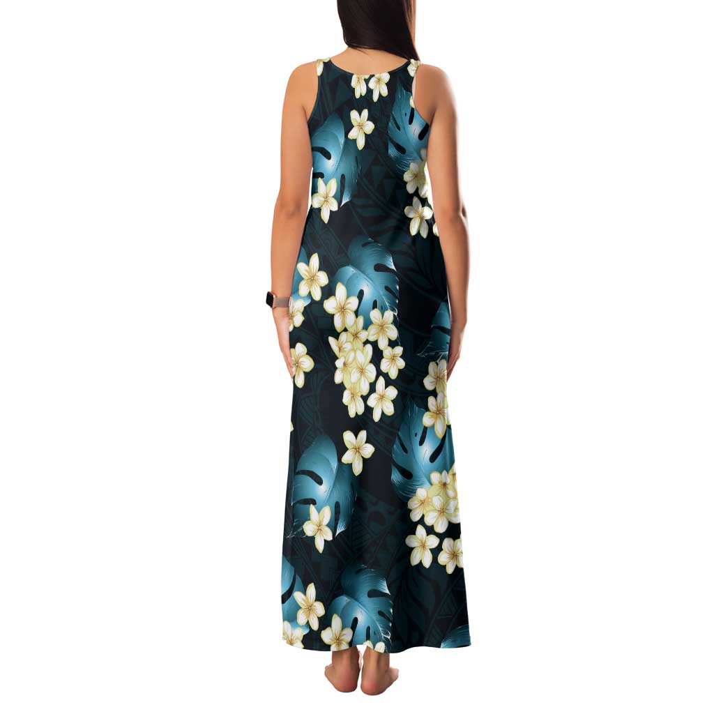 Dark Cyan Tropical Hawaii Tank Maxi Dress Seamless Monstera Plumeria Hawaiian Pattern - Polynesian Pride