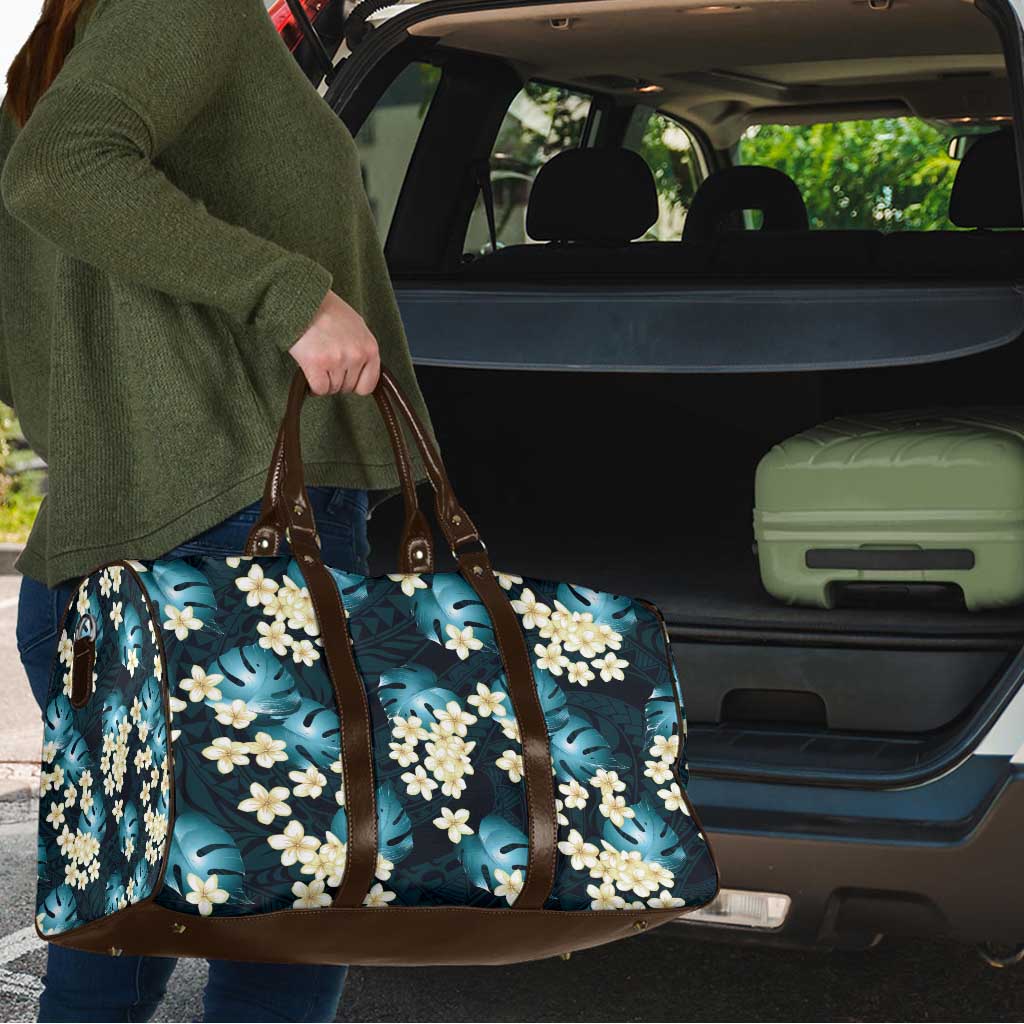 Dark Cyan Tropical Hawaii Travel Bag Seamless Monstera Plumeria Hawaiian Pattern - Polynesian Pride