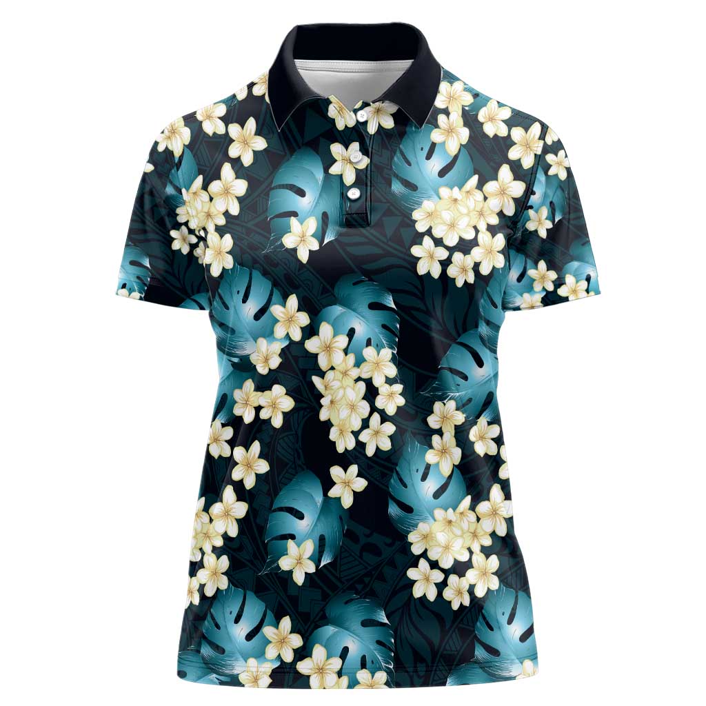 Dark Cyan Tropical Hawaii Women Polo Shirt Seamless Monstera Plumeria Hawaiian Pattern - Polynesian Pride