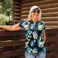 Dark Cyan Tropical Hawaii Women Polo Shirt Seamless Monstera Plumeria Hawaiian Pattern - Polynesian Pride
