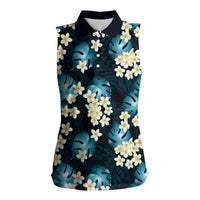Dark Cyan Tropical Hawaii Women Sleeveless Polo Shirt Seamless Monstera Plumeria Hawaiian Pattern LT14 Female Dark Cyan - Polynesian Pride