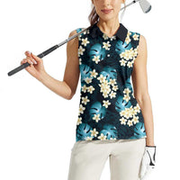 Dark Cyan Tropical Hawaii Women Sleeveless Polo Shirt Seamless Monstera Plumeria Hawaiian Pattern LT14 - Polynesian Pride