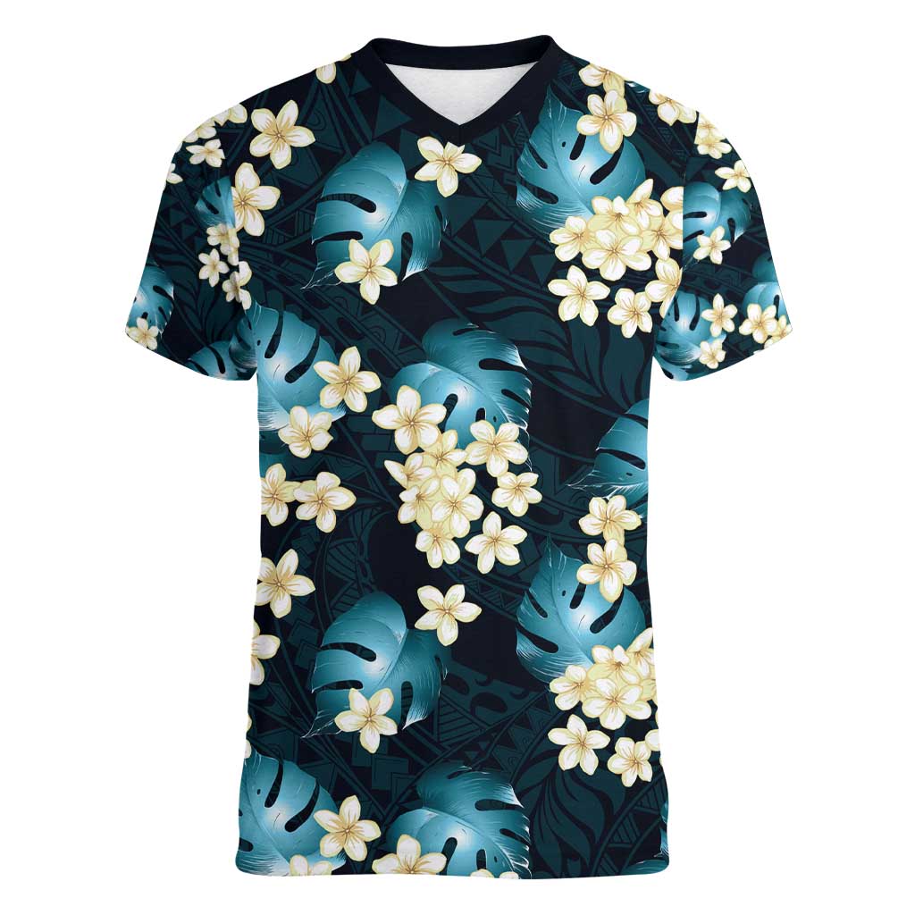 Dark Cyan Tropical Hawaii Women V-Neck T-Shirt Seamless Monstera Plumeria Hawaiian Pattern LT14 Female Dark Cyan - Polynesian Pride