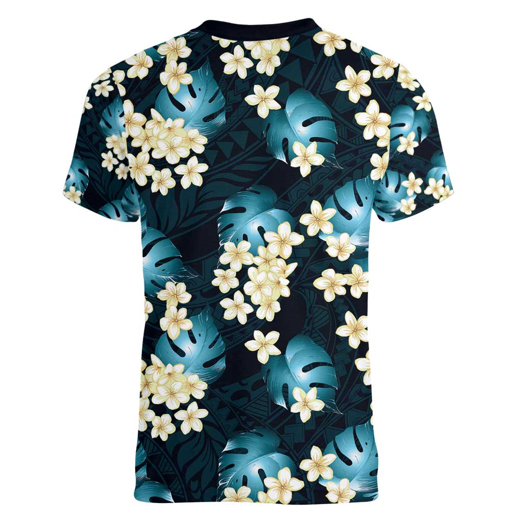 Dark Cyan Tropical Hawaii Women V-Neck T-Shirt Seamless Monstera Plumeria Hawaiian Pattern LT14 - Polynesian Pride