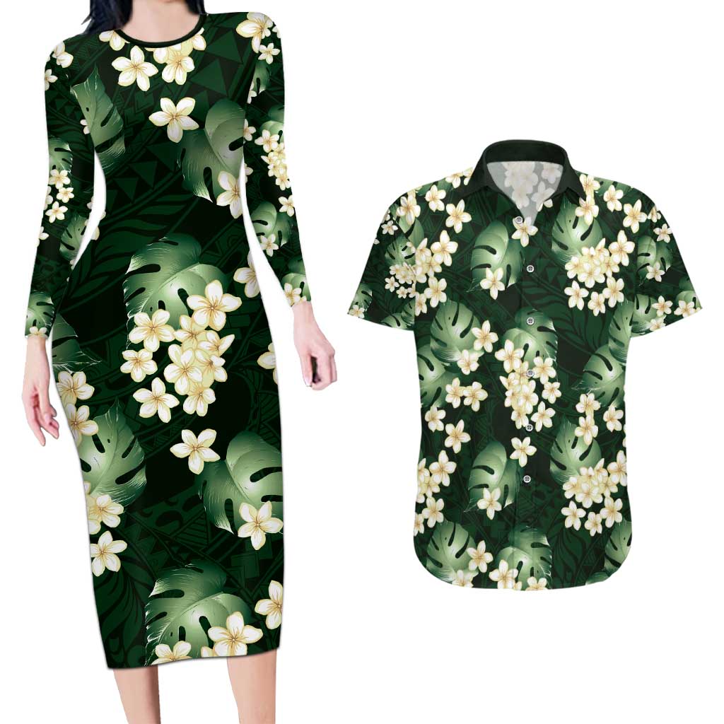 Green Tropical Hawaii Couples Matching Long Sleeve Bodycon Dress and Hawaiian Shirt Seamless Monstera Plumeria Hawaiian Pattern LT14 Green - Polynesian Pride