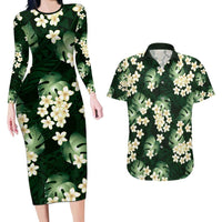 Green Tropical Hawaii Couples Matching Long Sleeve Bodycon Dress and Hawaiian Shirt Seamless Monstera Plumeria Hawaiian Pattern LT14 Green - Polynesian Pride