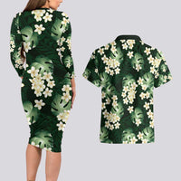 Green Tropical Hawaii Couples Matching Long Sleeve Bodycon Dress and Hawaiian Shirt Seamless Monstera Plumeria Hawaiian Pattern LT14 - Polynesian Pride