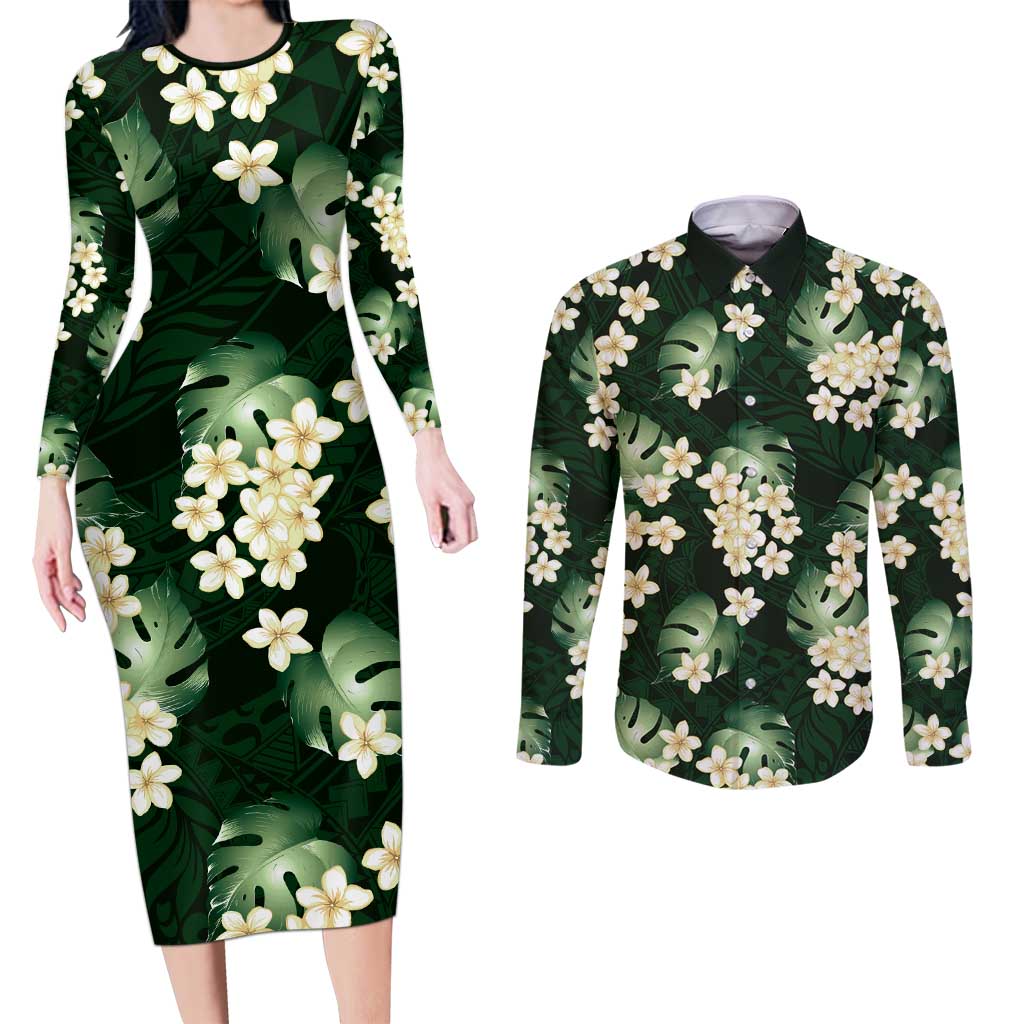 Green Tropical Hawaii Couples Matching Long Sleeve Bodycon Dress and Long Sleeve Button Shirt Seamless Monstera Plumeria Hawaiian Pattern LT14 Green - Polynesian Pride