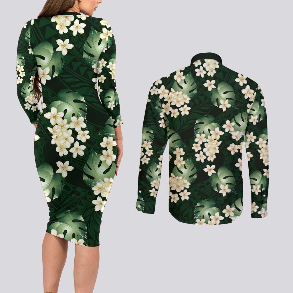 Green Tropical Hawaii Couples Matching Long Sleeve Bodycon Dress and Long Sleeve Button Shirt Seamless Monstera Plumeria Hawaiian Pattern LT14 - Polynesian Pride