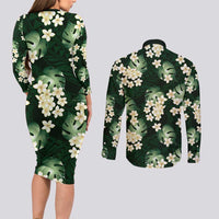 Green Tropical Hawaii Couples Matching Long Sleeve Bodycon Dress and Long Sleeve Button Shirt Seamless Monstera Plumeria Hawaiian Pattern LT14 - Polynesian Pride