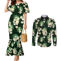 Green Tropical Hawaii Couples Matching Mermaid Dress and Long Sleeve Button Shirt Seamless Monstera Plumeria Hawaiian Pattern LT14 Green - Polynesian Pride