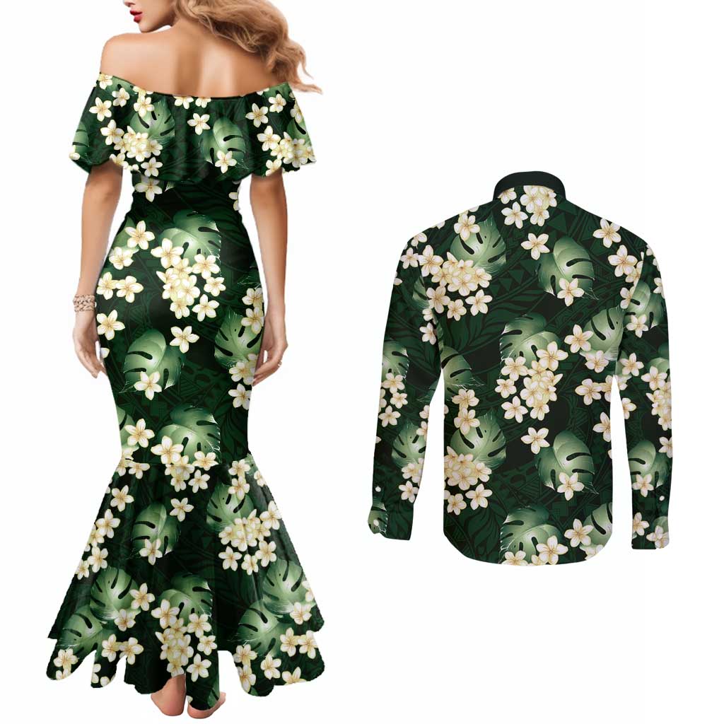 Green Tropical Hawaii Couples Matching Mermaid Dress and Long Sleeve Button Shirt Seamless Monstera Plumeria Hawaiian Pattern LT14 - Polynesian Pride