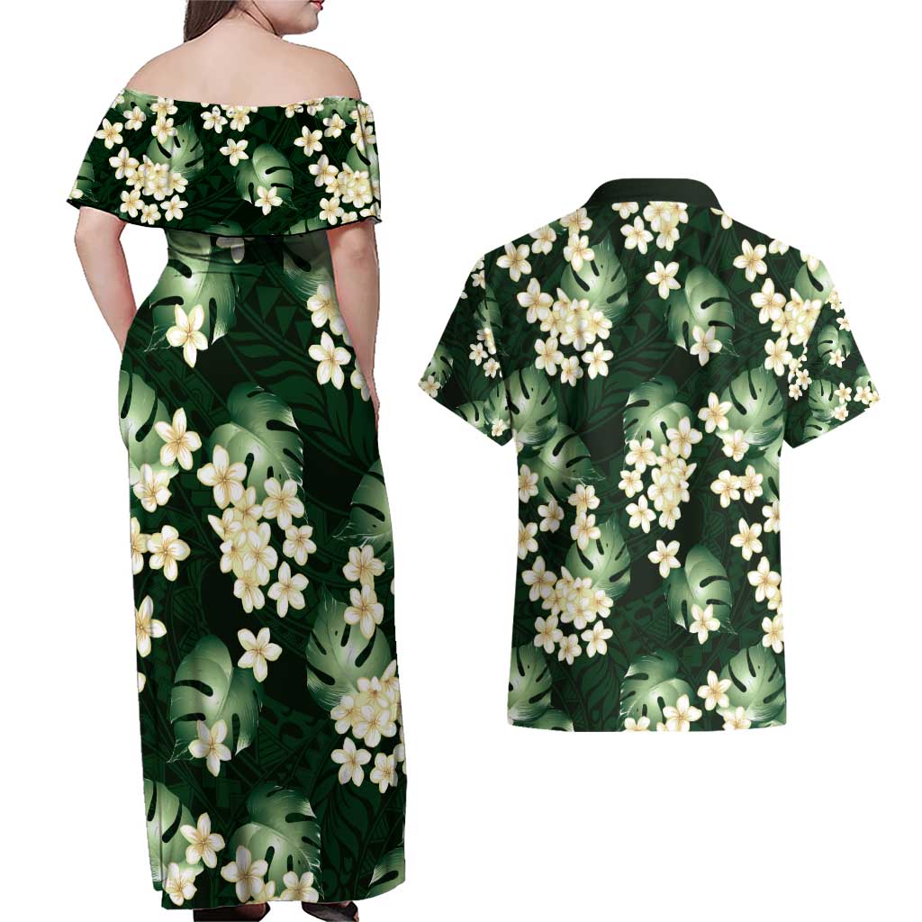 Green Tropical Hawaii Couples Matching Off Shoulder Maxi Dress and Hawaiian Shirt Seamless Monstera Plumeria Hawaiian Pattern LT14 - Polynesian Pride