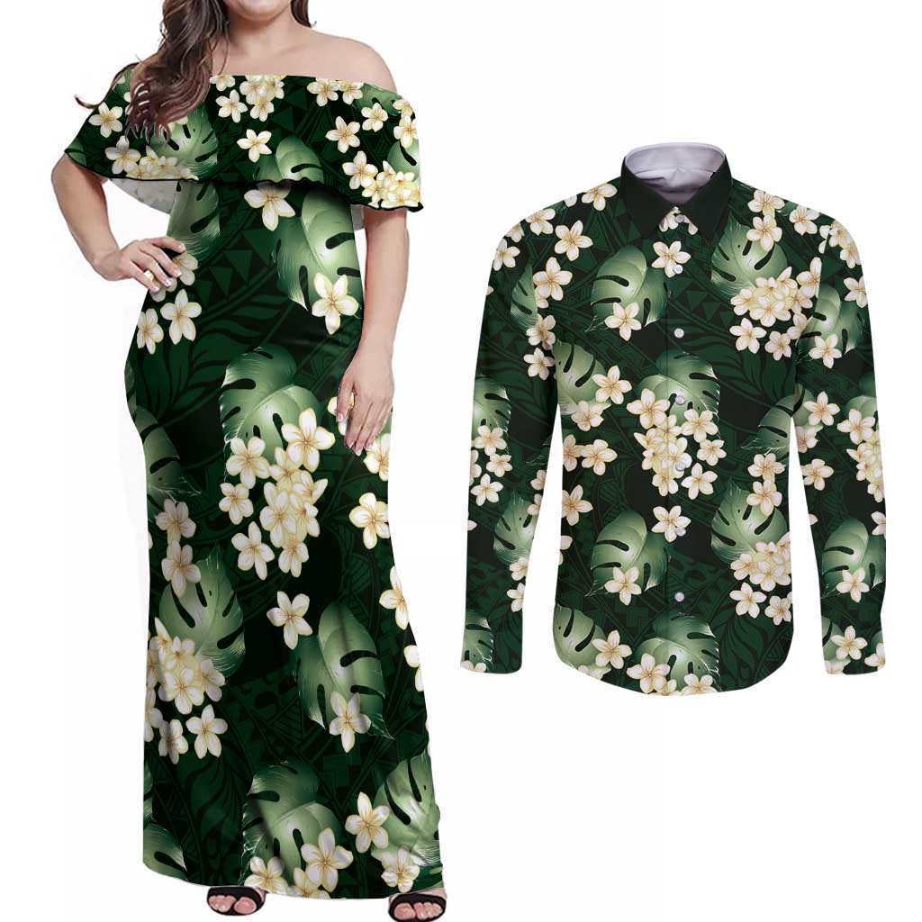 Green Tropical Hawaii Couples Matching Off Shoulder Maxi Dress and Long Sleeve Button Shirt Seamless Monstera Plumeria Hawaiian Pattern LT14 Green - Polynesian Pride
