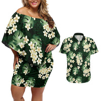 Green Tropical Hawaii Couples Matching Off Shoulder Short Dress and Hawaiian Shirt Seamless Monstera Plumeria Hawaiian Pattern LT14 Green - Polynesian Pride