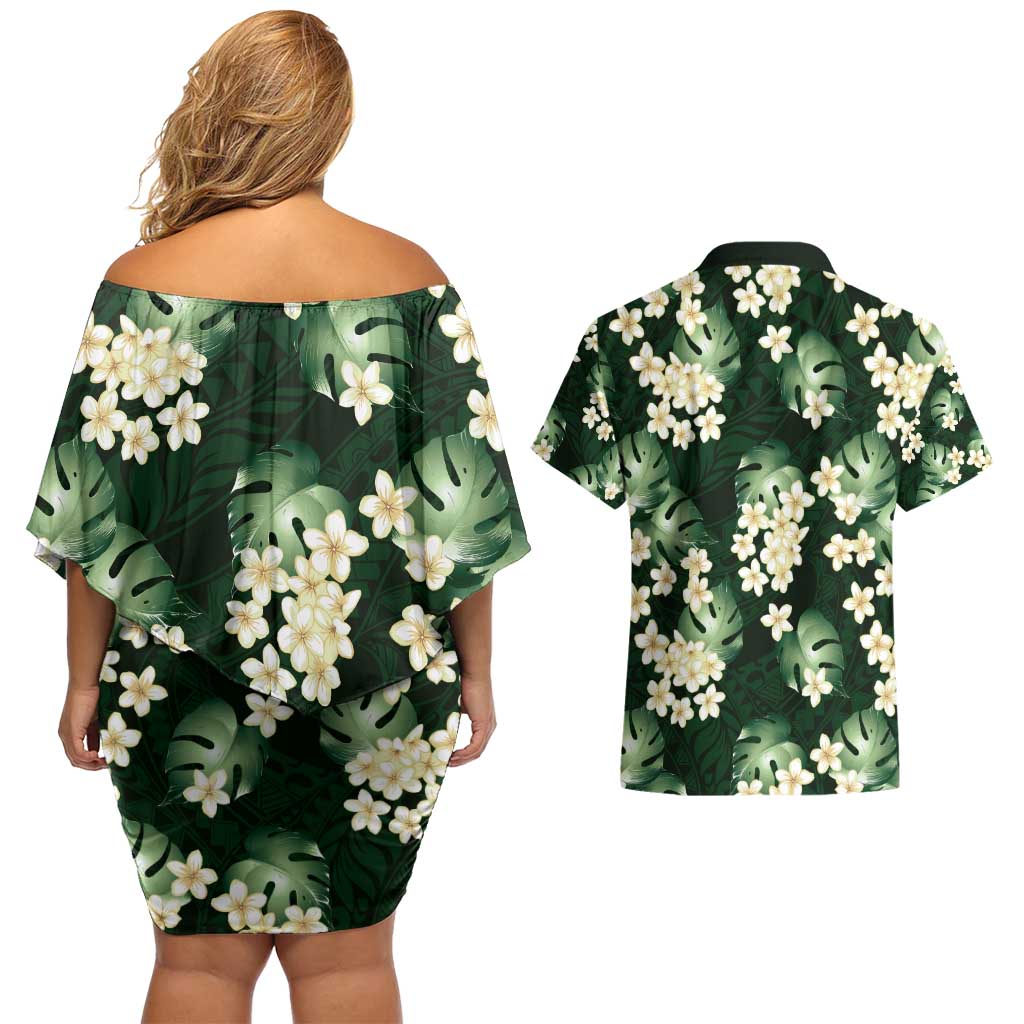 Green Tropical Hawaii Couples Matching Off Shoulder Short Dress and Hawaiian Shirt Seamless Monstera Plumeria Hawaiian Pattern LT14 - Polynesian Pride