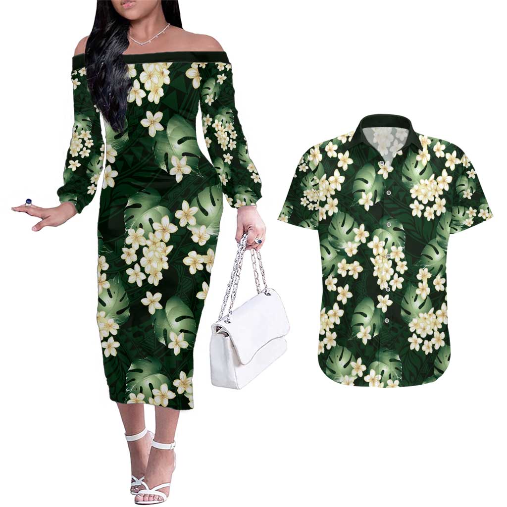 Green Tropical Hawaii Couples Matching Off The Shoulder Long Sleeve Dress and Hawaiian Shirt Seamless Monstera Plumeria Hawaiian Pattern LT14 Green - Polynesian Pride