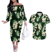 Green Tropical Hawaii Couples Matching Off The Shoulder Long Sleeve Dress and Hawaiian Shirt Seamless Monstera Plumeria Hawaiian Pattern LT14 Green - Polynesian Pride