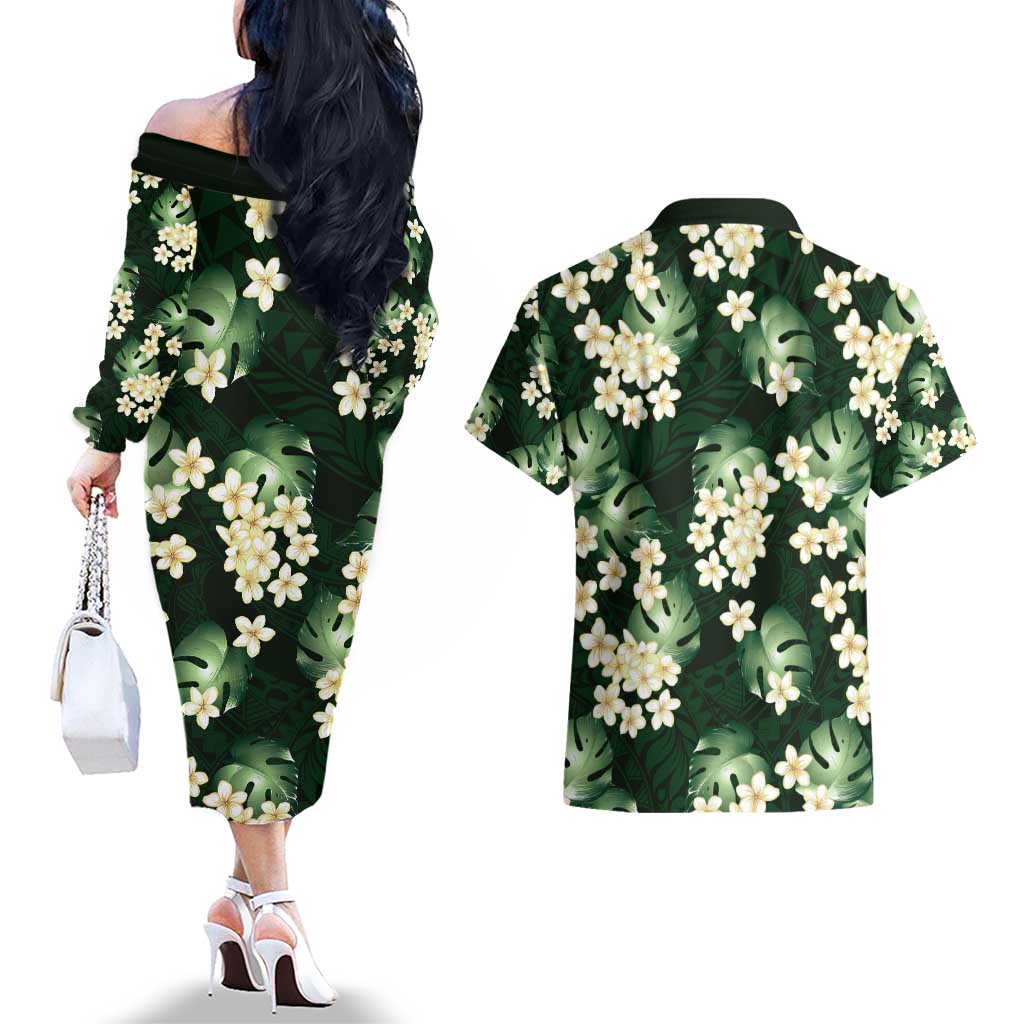 Green Tropical Hawaii Couples Matching Off The Shoulder Long Sleeve Dress and Hawaiian Shirt Seamless Monstera Plumeria Hawaiian Pattern LT14 - Polynesian Pride