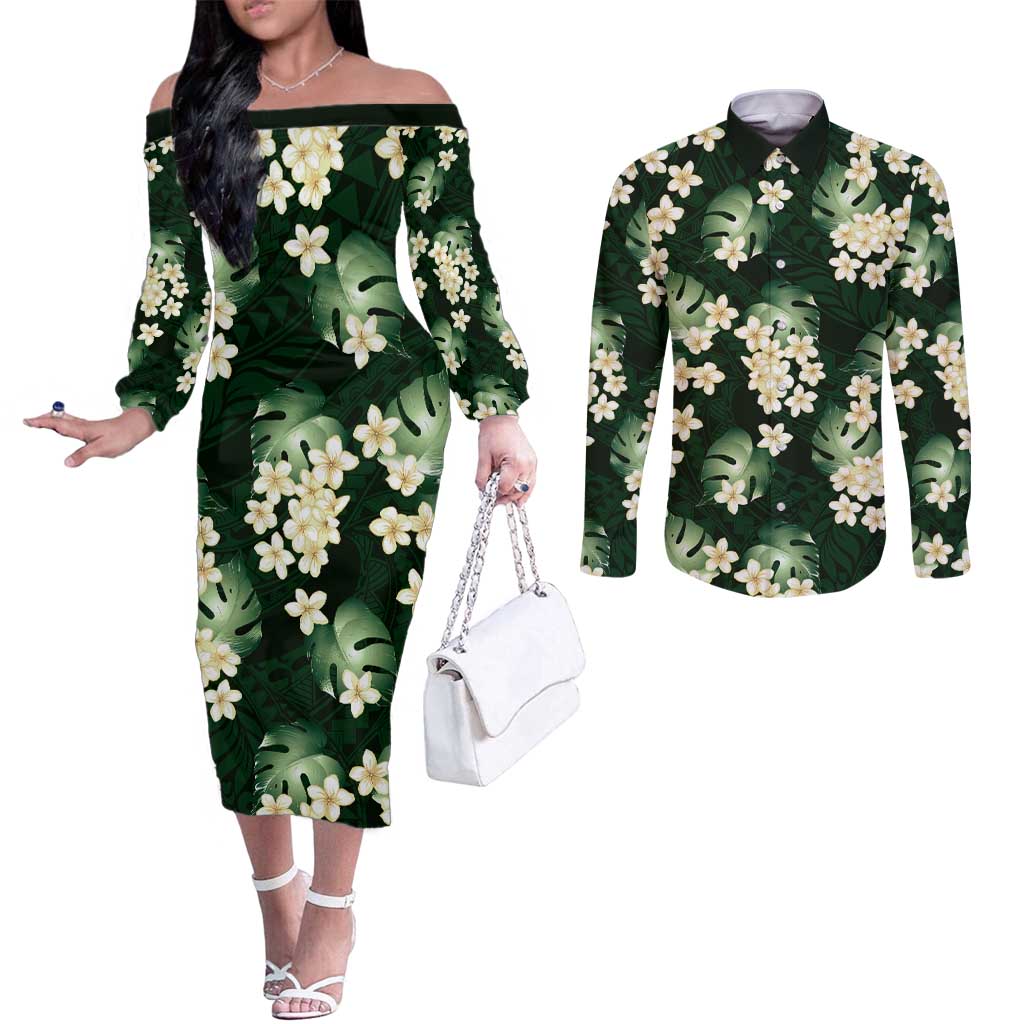 Green Tropical Hawaii Couples Matching Off The Shoulder Long Sleeve Dress and Long Sleeve Button Shirt Seamless Monstera Plumeria Hawaiian Pattern LT14 Green - Polynesian Pride