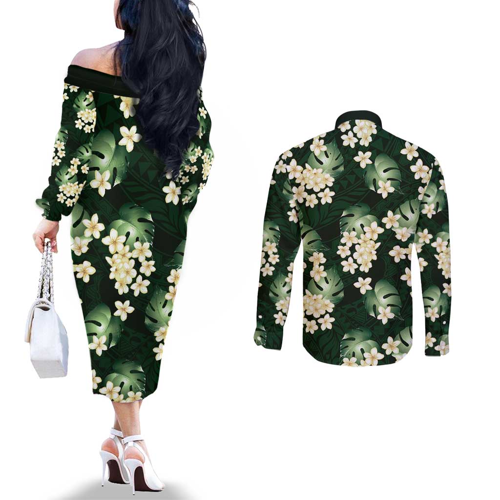 Green Tropical Hawaii Couples Matching Off The Shoulder Long Sleeve Dress and Long Sleeve Button Shirt Seamless Monstera Plumeria Hawaiian Pattern LT14 - Polynesian Pride