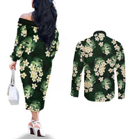 Green Tropical Hawaii Couples Matching Off The Shoulder Long Sleeve Dress and Long Sleeve Button Shirt Seamless Monstera Plumeria Hawaiian Pattern LT14 - Polynesian Pride