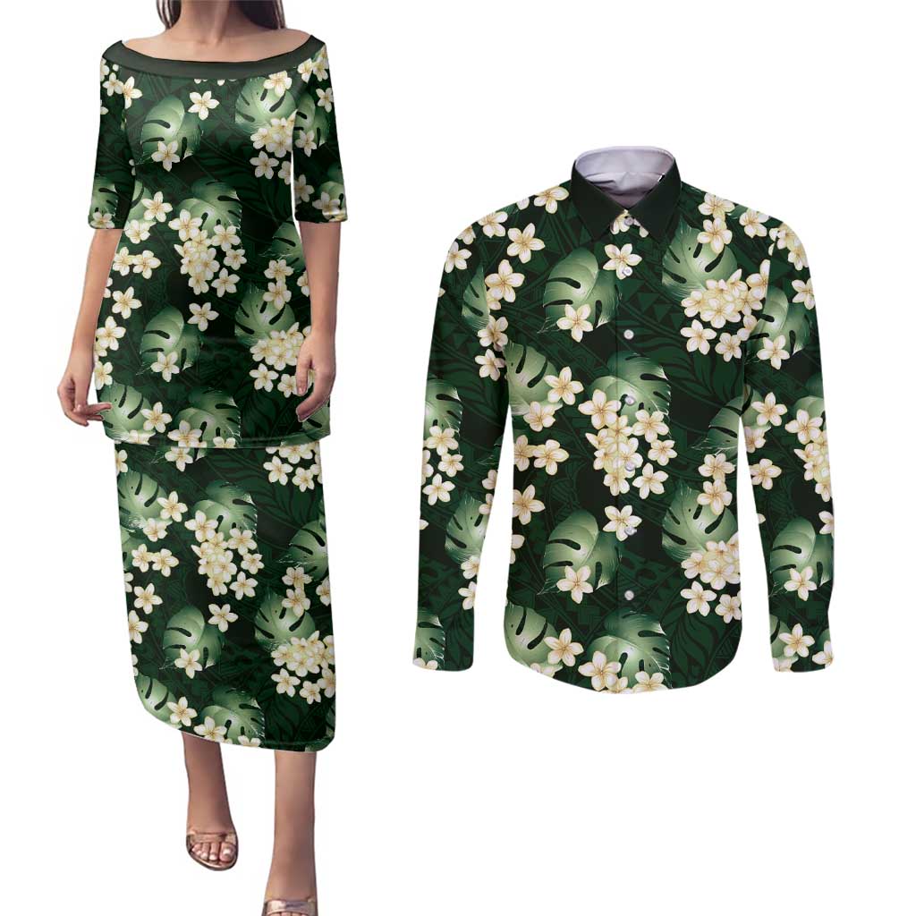 Green Tropical Hawaii Couples Matching Puletasi and Long Sleeve Button Shirt Seamless Monstera Plumeria Hawaiian Pattern LT14 Green - Polynesian Pride