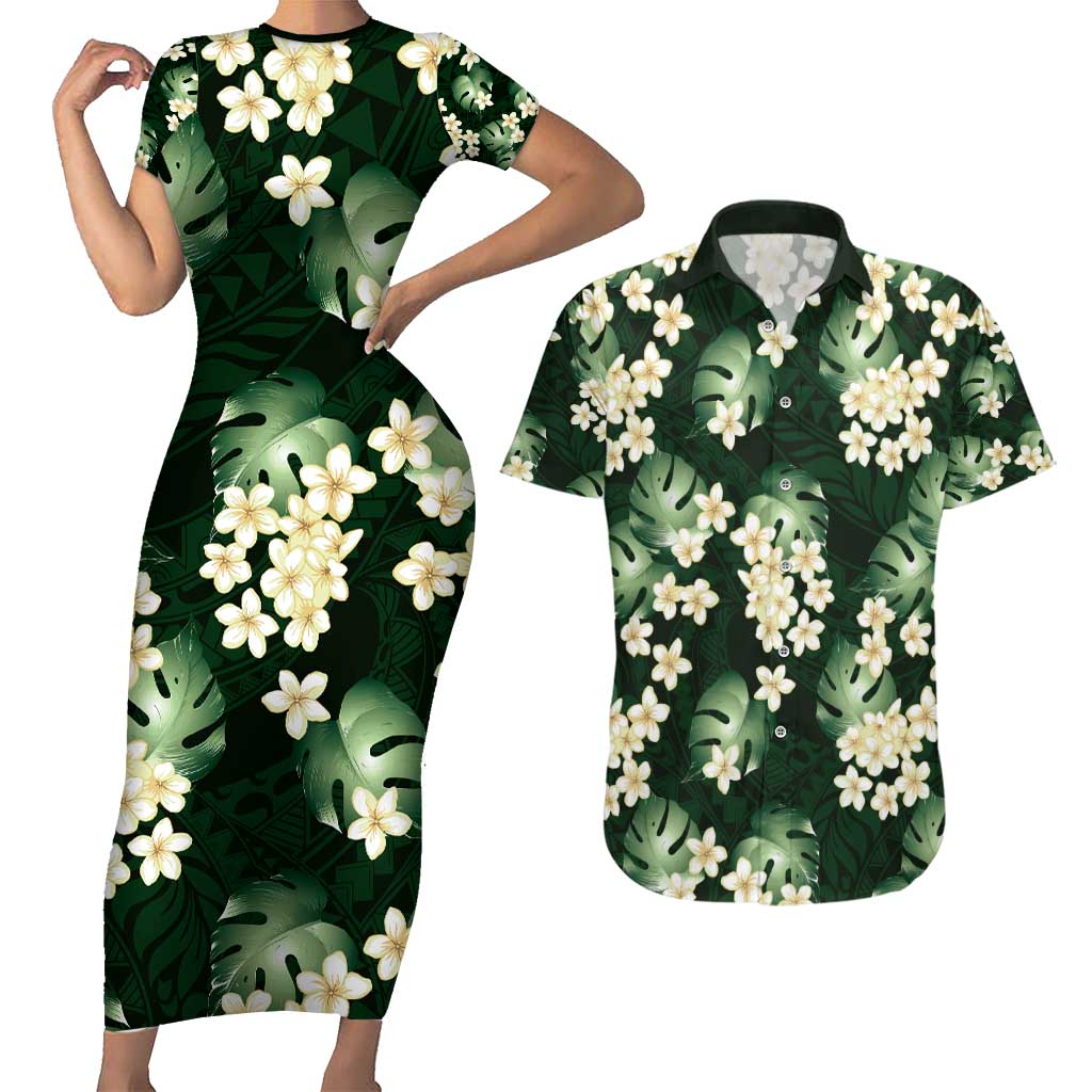 Green Tropical Hawaii Couples Matching Short Sleeve Bodycon Dress and Hawaiian Shirt Seamless Monstera Plumeria Hawaiian Pattern LT14 Green - Polynesian Pride