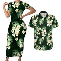 Green Tropical Hawaii Couples Matching Short Sleeve Bodycon Dress and Hawaiian Shirt Seamless Monstera Plumeria Hawaiian Pattern LT14 Green - Polynesian Pride