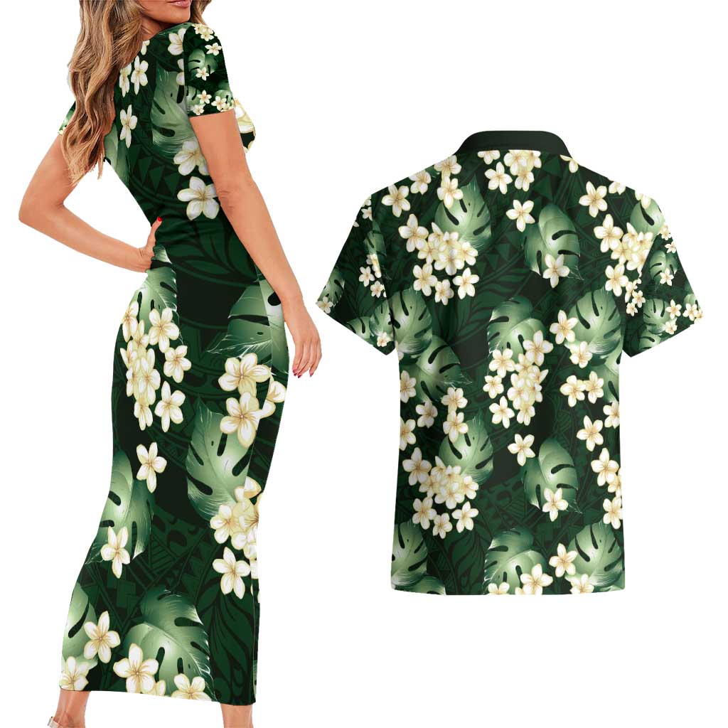 Green Tropical Hawaii Couples Matching Short Sleeve Bodycon Dress and Hawaiian Shirt Seamless Monstera Plumeria Hawaiian Pattern LT14 - Polynesian Pride