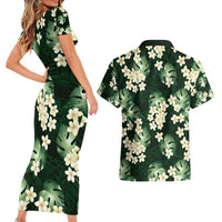 Green Tropical Hawaii Couples Matching Short Sleeve Bodycon Dress and Hawaiian Shirt Seamless Monstera Plumeria Hawaiian Pattern LT14 - Polynesian Pride