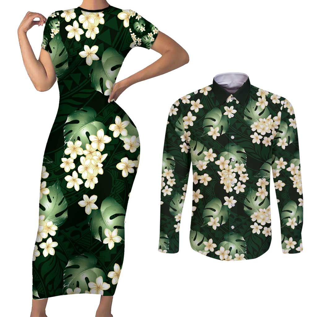 Green Tropical Hawaii Couples Matching Short Sleeve Bodycon Dress and Long Sleeve Button Shirt Seamless Monstera Plumeria Hawaiian Pattern LT14 Green - Polynesian Pride