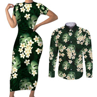 Green Tropical Hawaii Couples Matching Short Sleeve Bodycon Dress and Long Sleeve Button Shirt Seamless Monstera Plumeria Hawaiian Pattern LT14 Green - Polynesian Pride