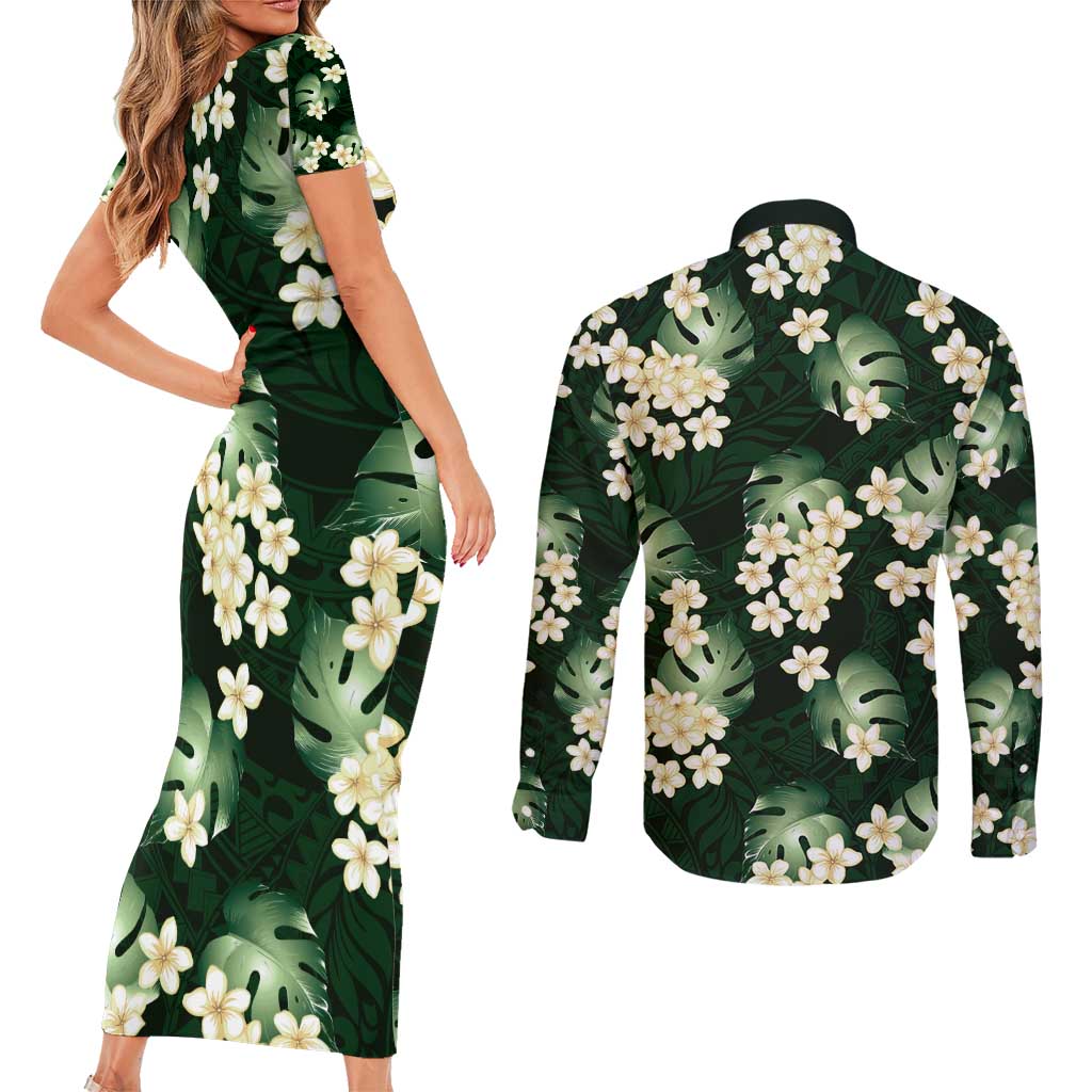 Green Tropical Hawaii Couples Matching Short Sleeve Bodycon Dress and Long Sleeve Button Shirt Seamless Monstera Plumeria Hawaiian Pattern LT14 - Polynesian Pride