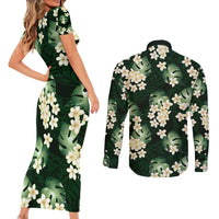 Green Tropical Hawaii Couples Matching Short Sleeve Bodycon Dress and Long Sleeve Button Shirt Seamless Monstera Plumeria Hawaiian Pattern LT14 - Polynesian Pride