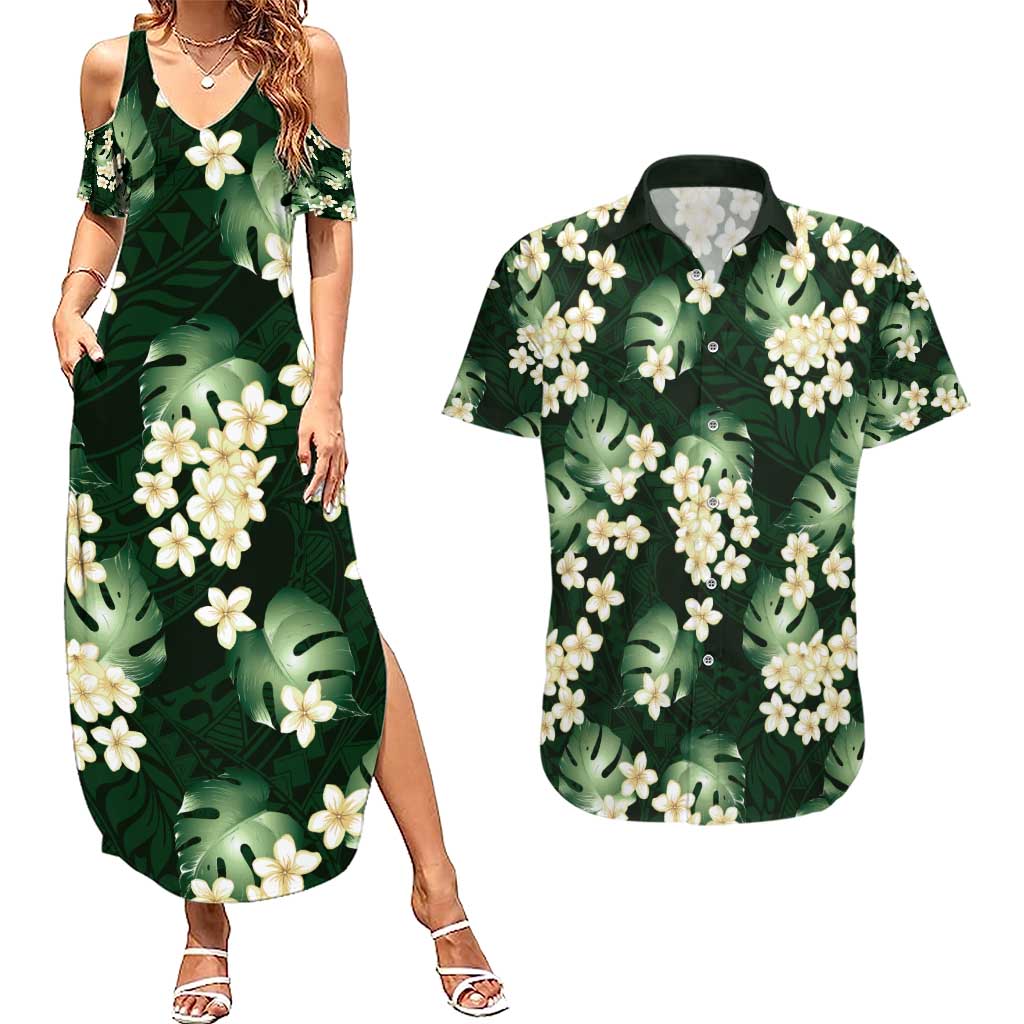 Green Tropical Hawaii Couples Matching Summer Maxi Dress and Hawaiian Shirt Seamless Monstera Plumeria Hawaiian Pattern LT14 Green - Polynesian Pride