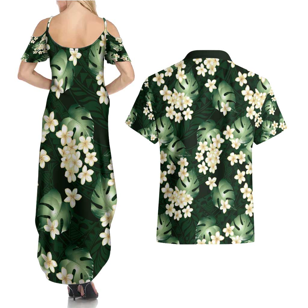 Green Tropical Hawaii Couples Matching Summer Maxi Dress and Hawaiian Shirt Seamless Monstera Plumeria Hawaiian Pattern LT14 - Polynesian Pride