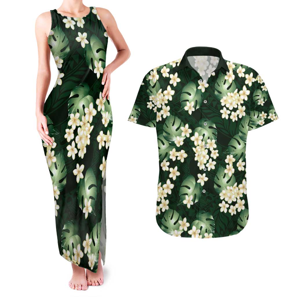 Green Tropical Hawaii Couples Matching Tank Maxi Dress and Hawaiian Shirt Seamless Monstera Plumeria Hawaiian Pattern LT14 Green - Polynesian Pride