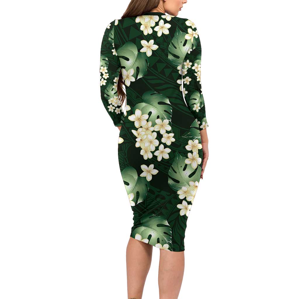 Green Tropical Hawaii Family Matching Long Sleeve Bodycon Dress and Hawaiian Shirt Seamless Monstera Plumeria Hawaiian Pattern LT14 - Polynesian Pride