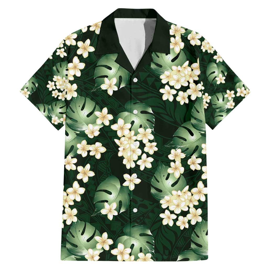 Green Tropical Hawaii Family Matching Mermaid Dress and Hawaiian Shirt - Seamless Monstera Plumeria Hawaiian Pattern LT14 Dad's Shirt - Short Sleeve Green - Polynesian Pride