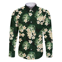Green Tropical Hawaii Family Matching Mermaid Dress and Hawaiian Shirt - Seamless Monstera Plumeria Hawaiian Pattern LT14 Dad's Shirt - Long Sleeve Green - Polynesian Pride