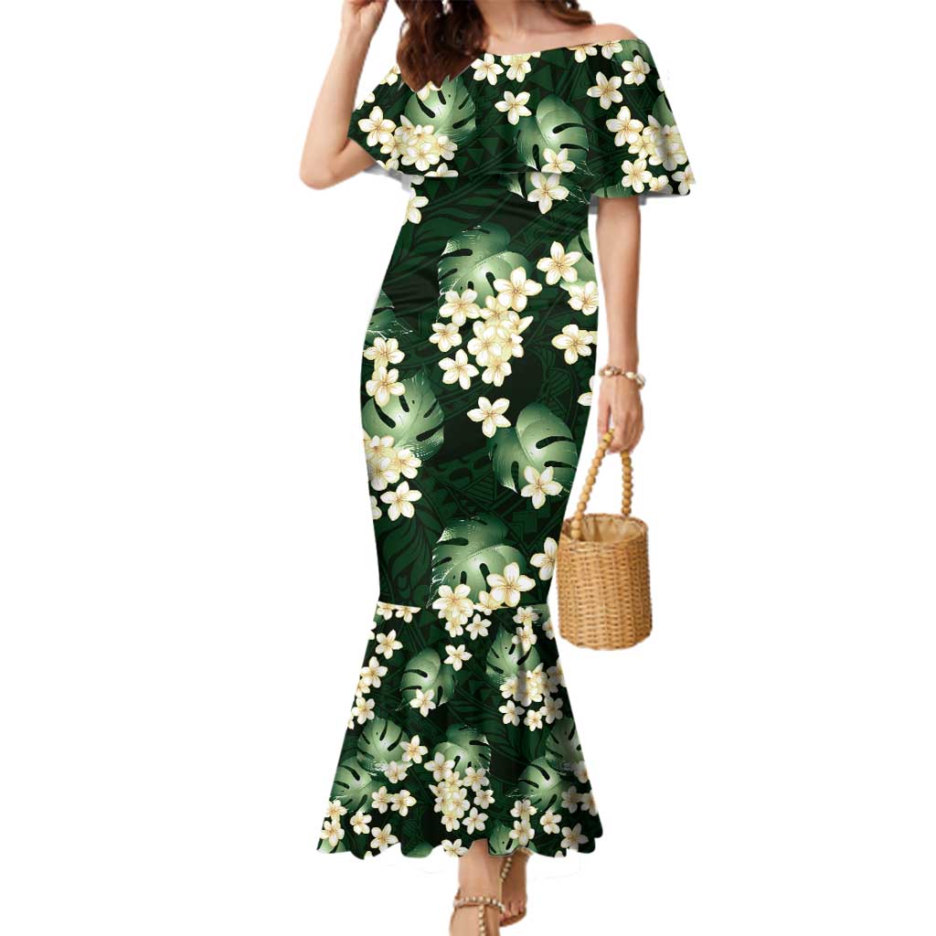 Green Tropical Hawaii Family Matching Mermaid Dress and Hawaiian Shirt - Seamless Monstera Plumeria Hawaiian Pattern LT14 Mom's Dress Green - Polynesian Pride