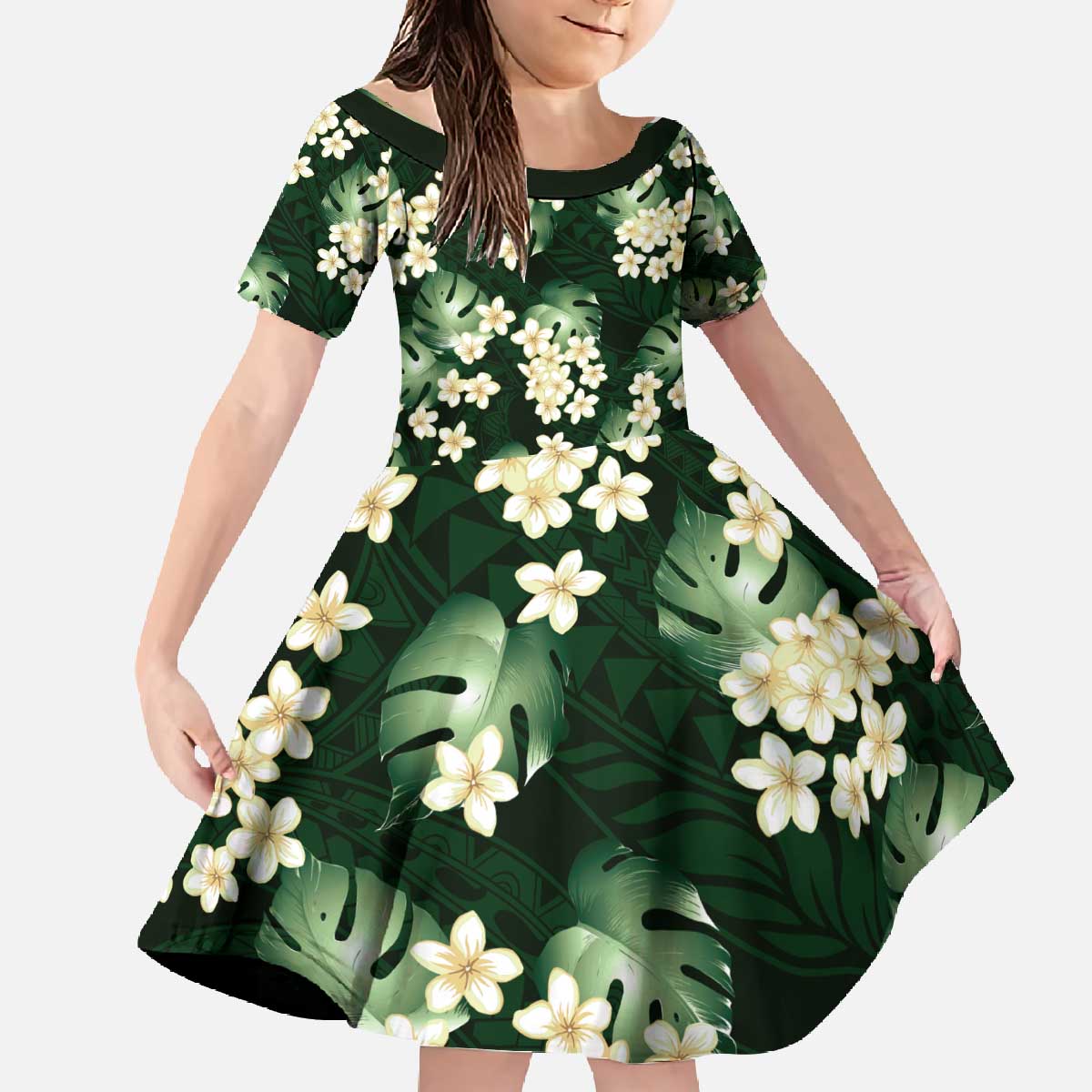 Green Tropical Hawaii Family Matching Off The Shoulder Long Sleeve Dress and Hawaiian Shirt Seamless Monstera Plumeria Hawaiian Pattern LT14 Daughter's Dress Green - Polynesian Pride