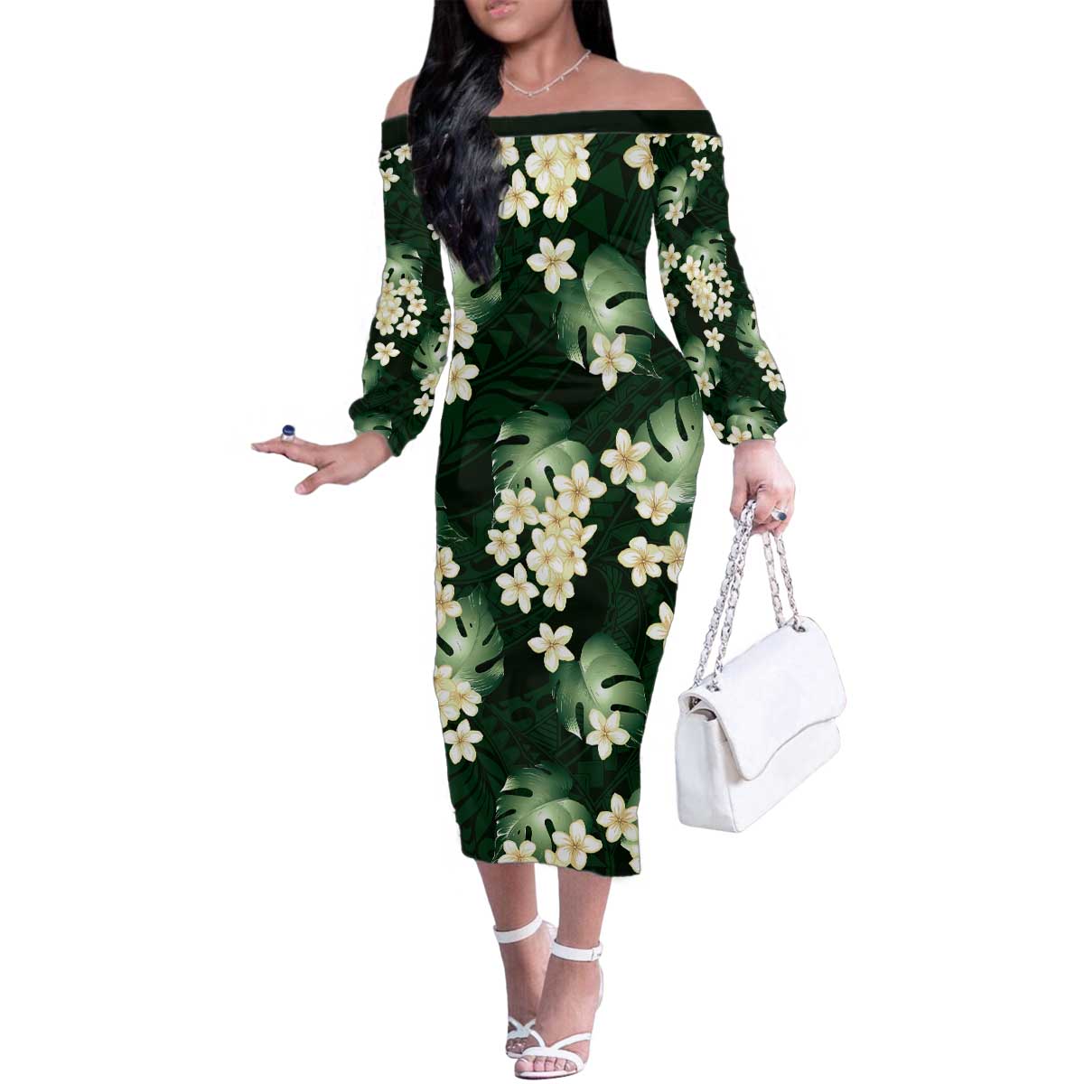 Green Tropical Hawaii Family Matching Off The Shoulder Long Sleeve Dress and Hawaiian Shirt Seamless Monstera Plumeria Hawaiian Pattern LT14 Mom's Dress Green - Polynesian Pride