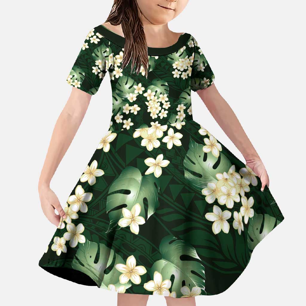 Green Tropical Hawaii Family Matching Off Shoulder Maxi Dress and Hawaiian Shirt Seamless Monstera Plumeria Hawaiian Pattern LT14 Daughter's Dress Green - Polynesian Pride
